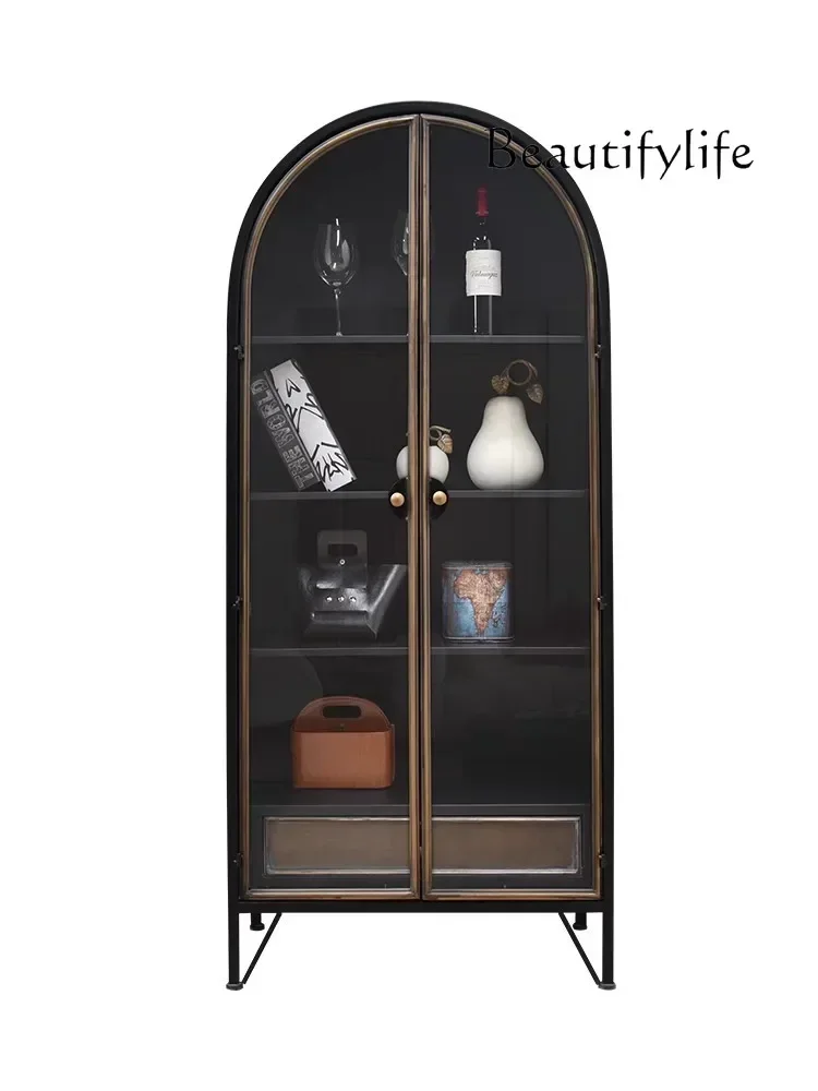 

Nordic Antique Style Arched Wine Cabinet Iron Industrial Style Display Cabinet