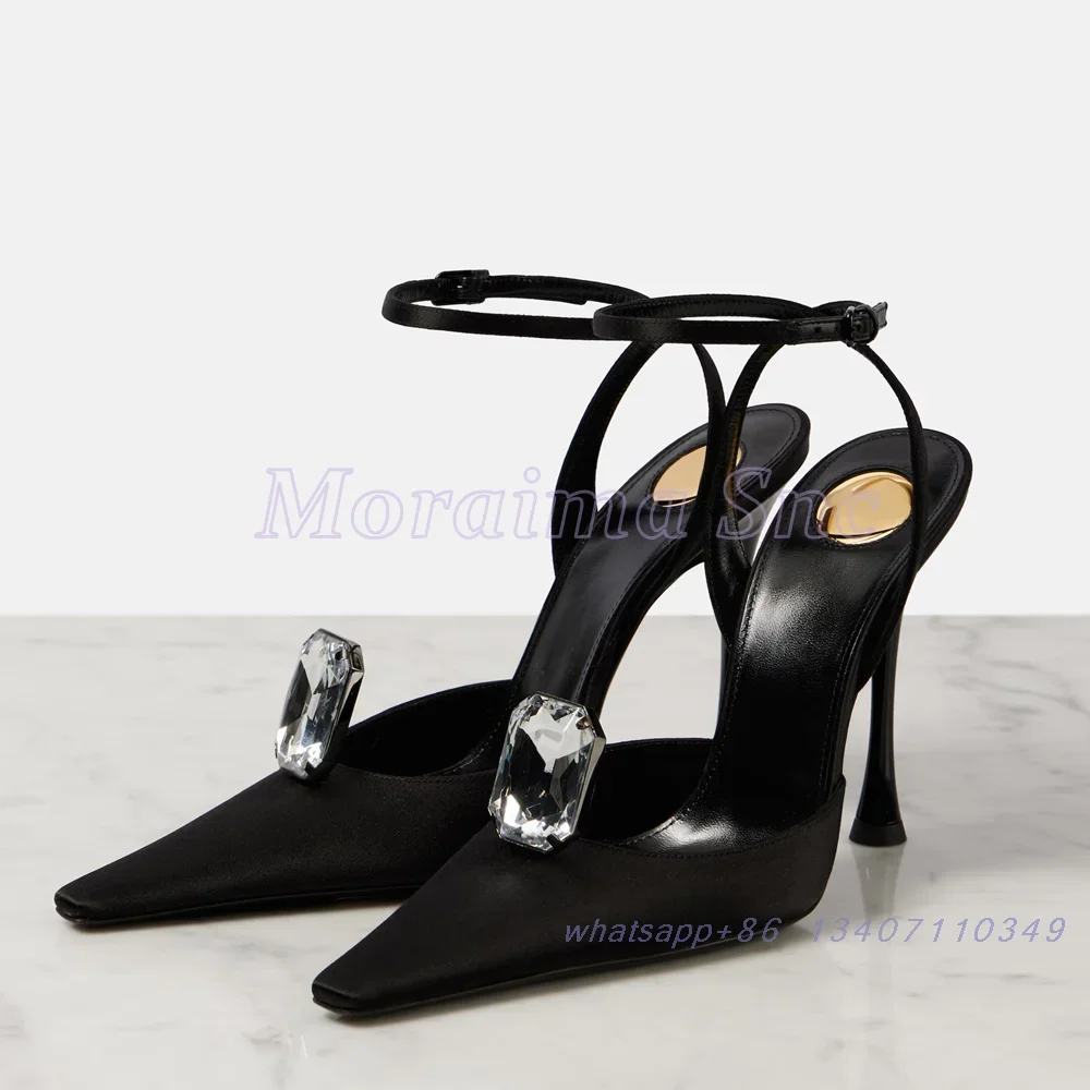 

Diamond Detailing Satin Pumps Pointed Toe Stiletto High Heels Ankle Buckle Strap Sexy Fashion Women's Dress Shoes Banquet Party