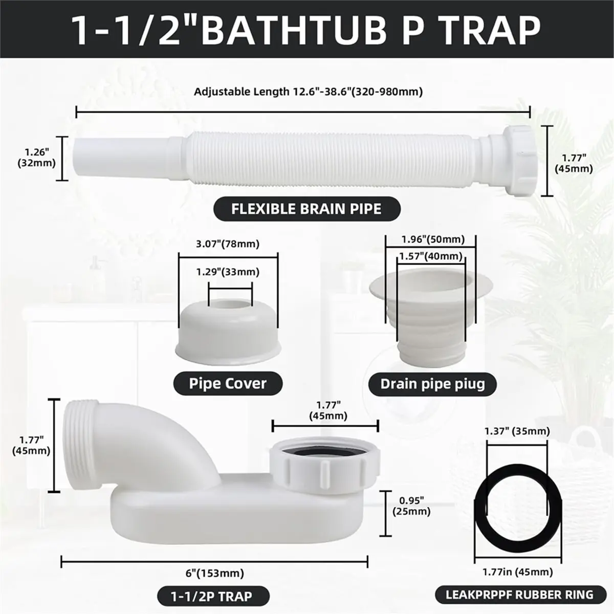 AA83 Flexible Bathtub Drain Pipe,No-Leak Low Profile1 1/2 P Flat Drainage Pipe Kit,Freestanding Tub Drain Flex-Drain for Bath
