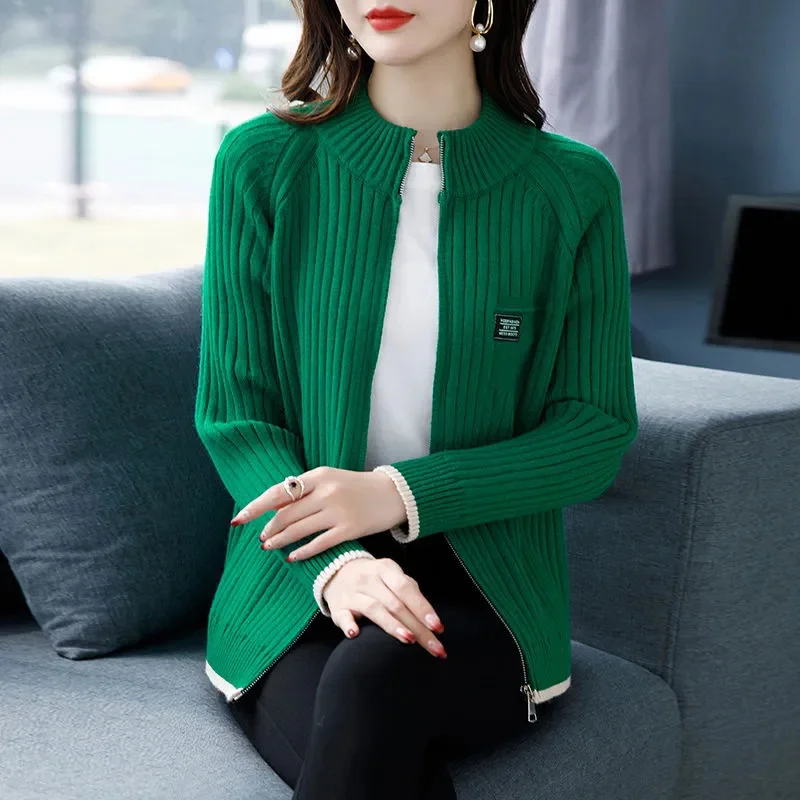 Novo Casaco de Primavera, Outono e Inverno, Tricô Solto com Zíper, Suéter Feminino, Cardigã, Jaqueta Casual Estilo Ocidental para Mulheres