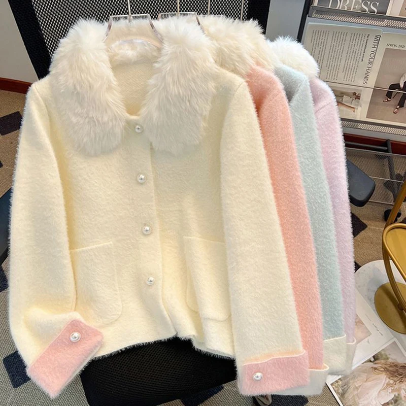 Sweet Pearl Button Cardigan Women Soft Imitation Mink Velvet Fur Collar Sweater Female Autumn Winter Long Sleeve Pocket Coats