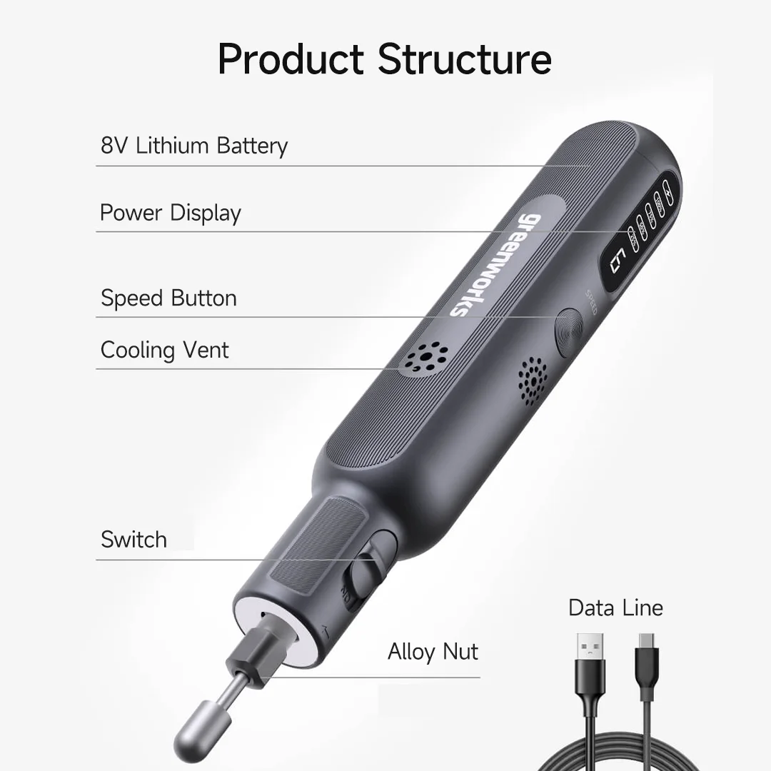 Szlifierka elektryczna litowa Greenworks z oświetleniem Inteligentny wyświetlacz HD 52 sztuk Akcesoria Pióro do grawerowania bitów o dużej mocy 80 W