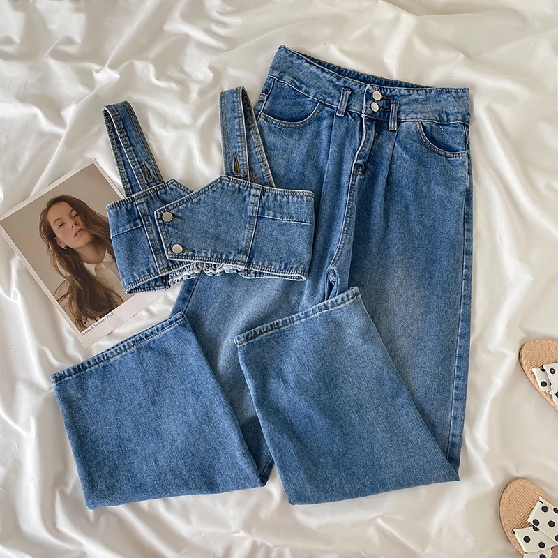 

2Pcs Women Denim Pants Set Sexy Spaghetti Strap Tank Tops+High Waist Ankle Length Wide Leg Jeans Fashion Female Summer Outfits