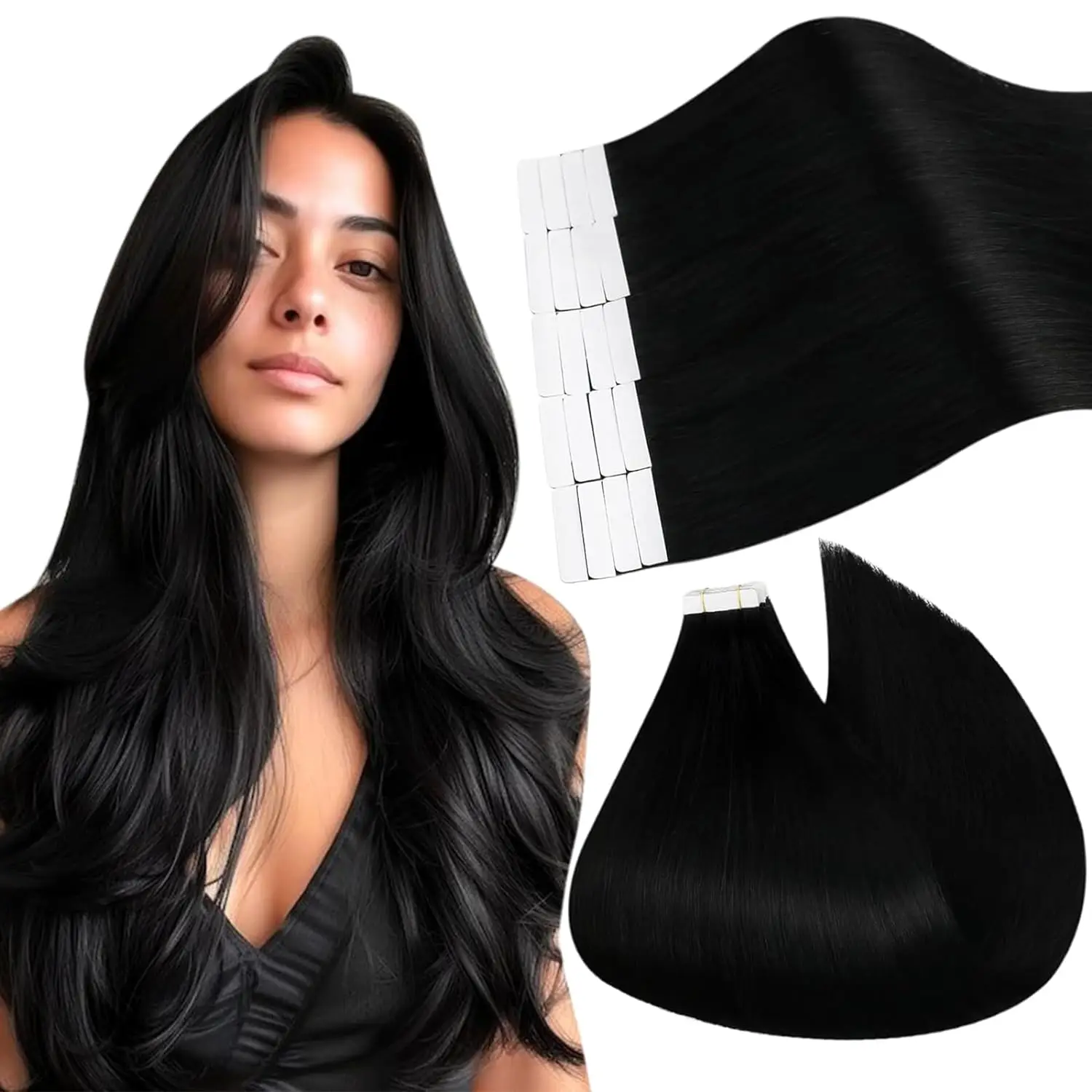 Ugeat Tape in Hair Extensions Human Hair Black Girl Tape in Human Hair Extensions Jet Black Seamless Invisible Hair Extensions