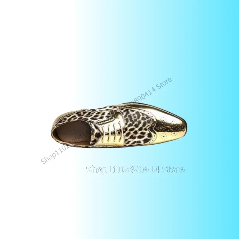 Scarpe da uomo con cinturino con design intagliato con stampa leopardata argento Scarpe da uomo con lacci alla moda Scarpe casual da uomo da ufficio fatte a mano di lusso