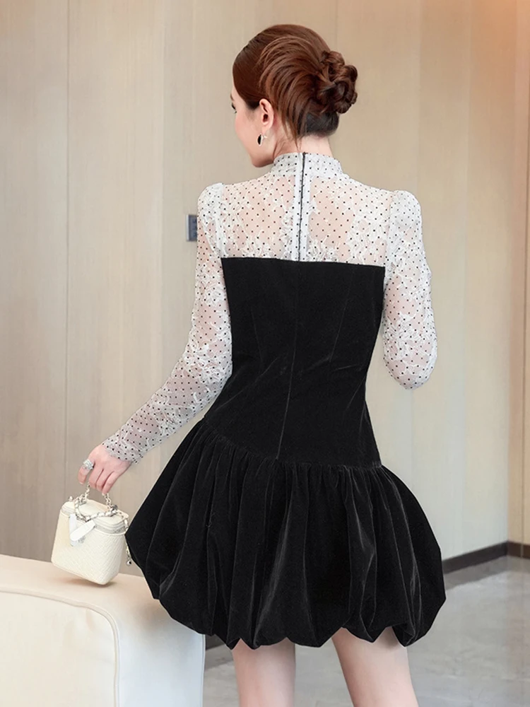 Fake 2-Piece Retro Black Women Street Clothes Velvet Lace Dot Slim Mini Short Dress Elegant Lady Fashion Party Prom Vestidos New