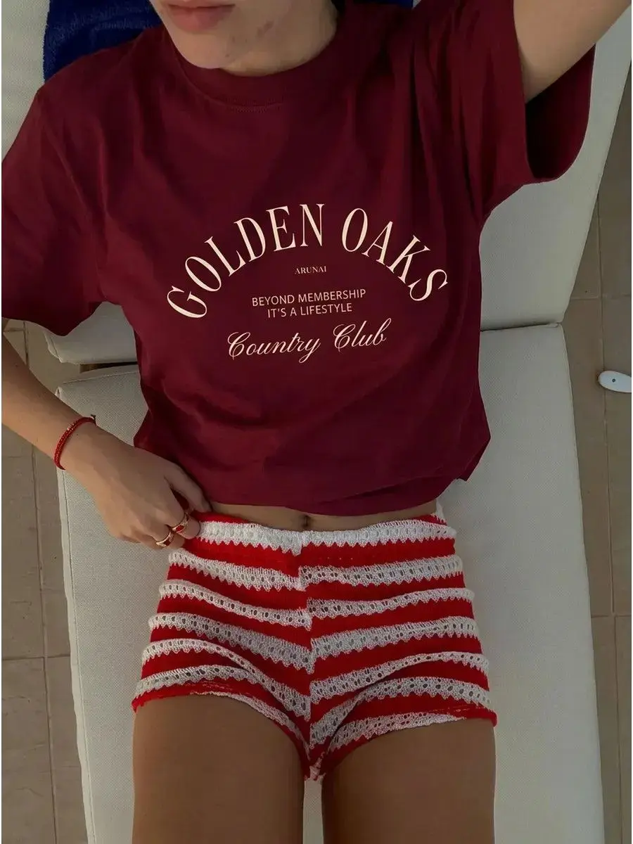 Fashion French Wine Red Soft Cotton T-Shirt Vintage Arch Golden Oaks Country Club Print Preppy Golf Aesthetic Loose Casual Tee
