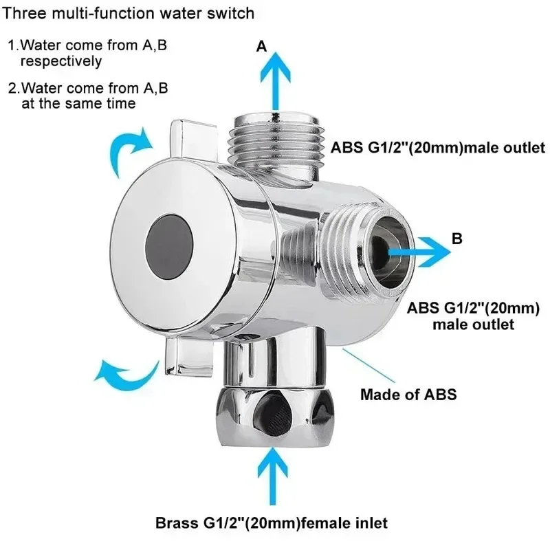 ABS Diverter Valve Shower Arm Diverters 3 Way Water Separator for Hand Held Showerhead and Fixed Spray Head G1/2\