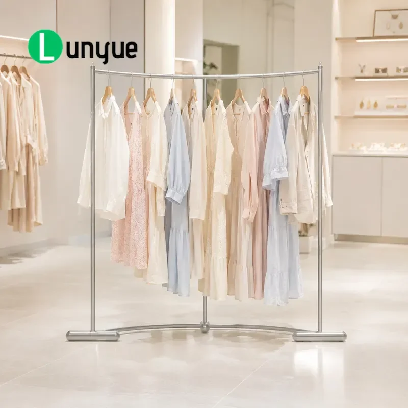 Stainless Steel Arc Brushed Silver Floor to Ceiling Middle Island Display Rack for Men Women and Children Clothing Store