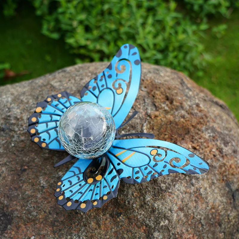 4PCS Metal Butterfly Garden Statues Sculptures Ornaments Solar Lights Outdoor Waterproof Cracked Glass Ball LED Yard Art Decor