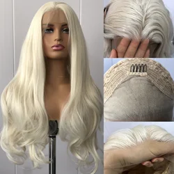 Peruca frontal de renda sintética para mulheres, branco prateado, cabelo ondulado natural, onda solta, loiro platinado, sem cola, uso diário