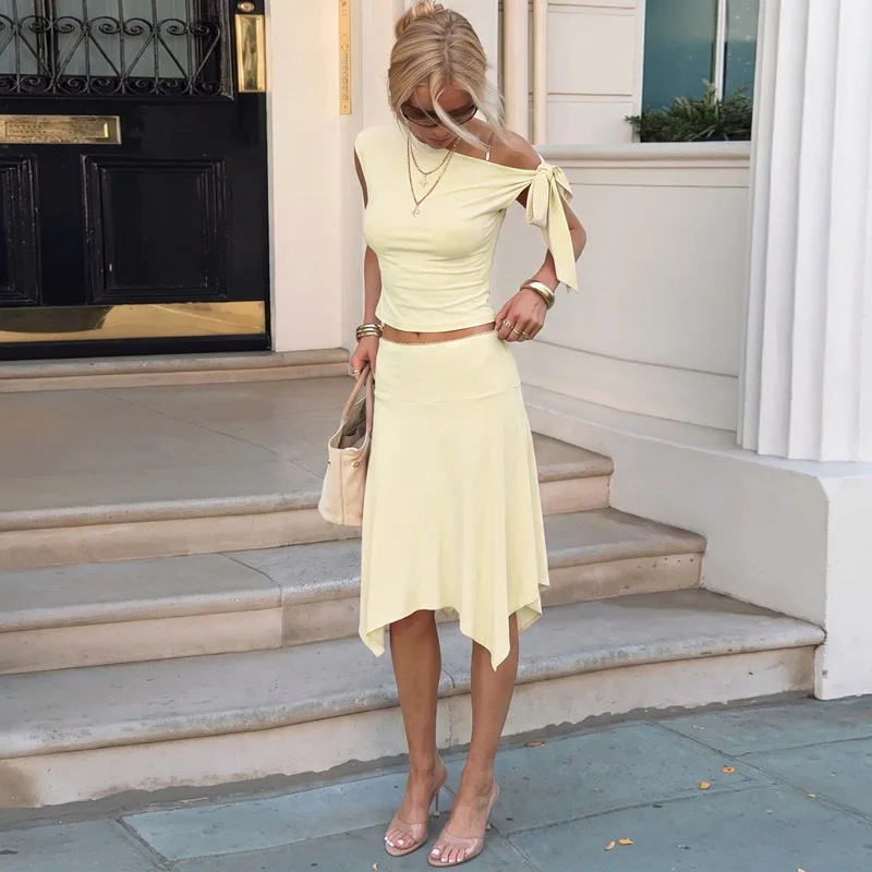 Women 2 Piece Outfit Set Off Shoulder Bow Tie Short Top Asymmetrical Midi Skirt Sets Y2K Elegant Casual Matching Two‑Piece Suit view 2