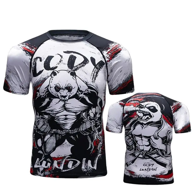 Cody Jiu Jitsu MMA BJJ Rashguard Sublimation Spandex Grappling Short Sleeve Panda Print Compression Training Top Men Casual Tee