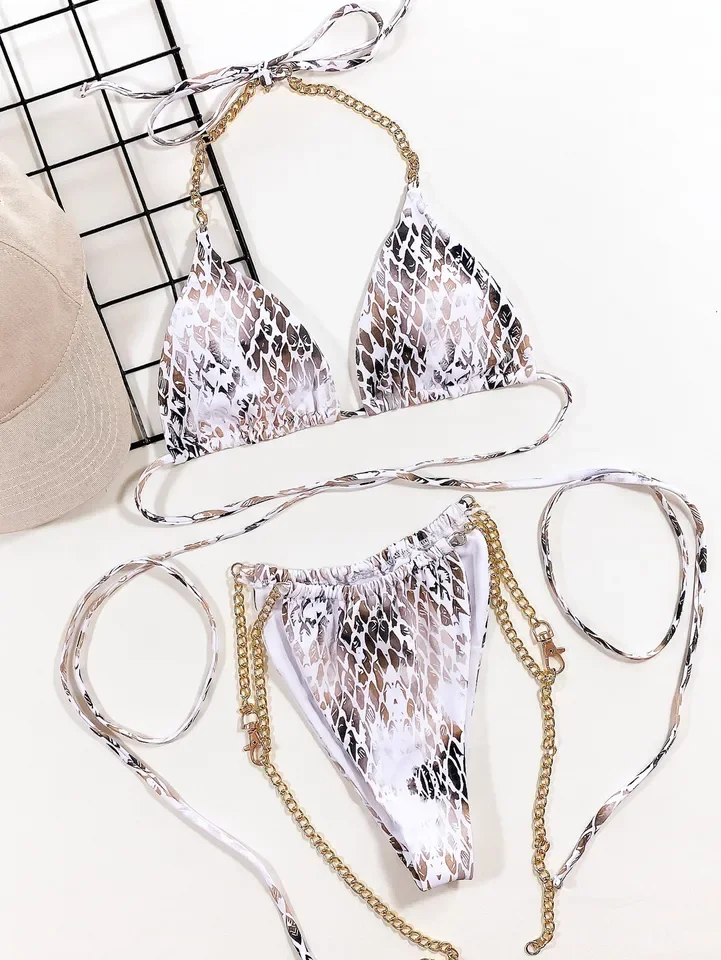 Bikini set two-piece sexy women's snake patterned lace up swimsuit women's backless swimsuit beachwear 2025 new item