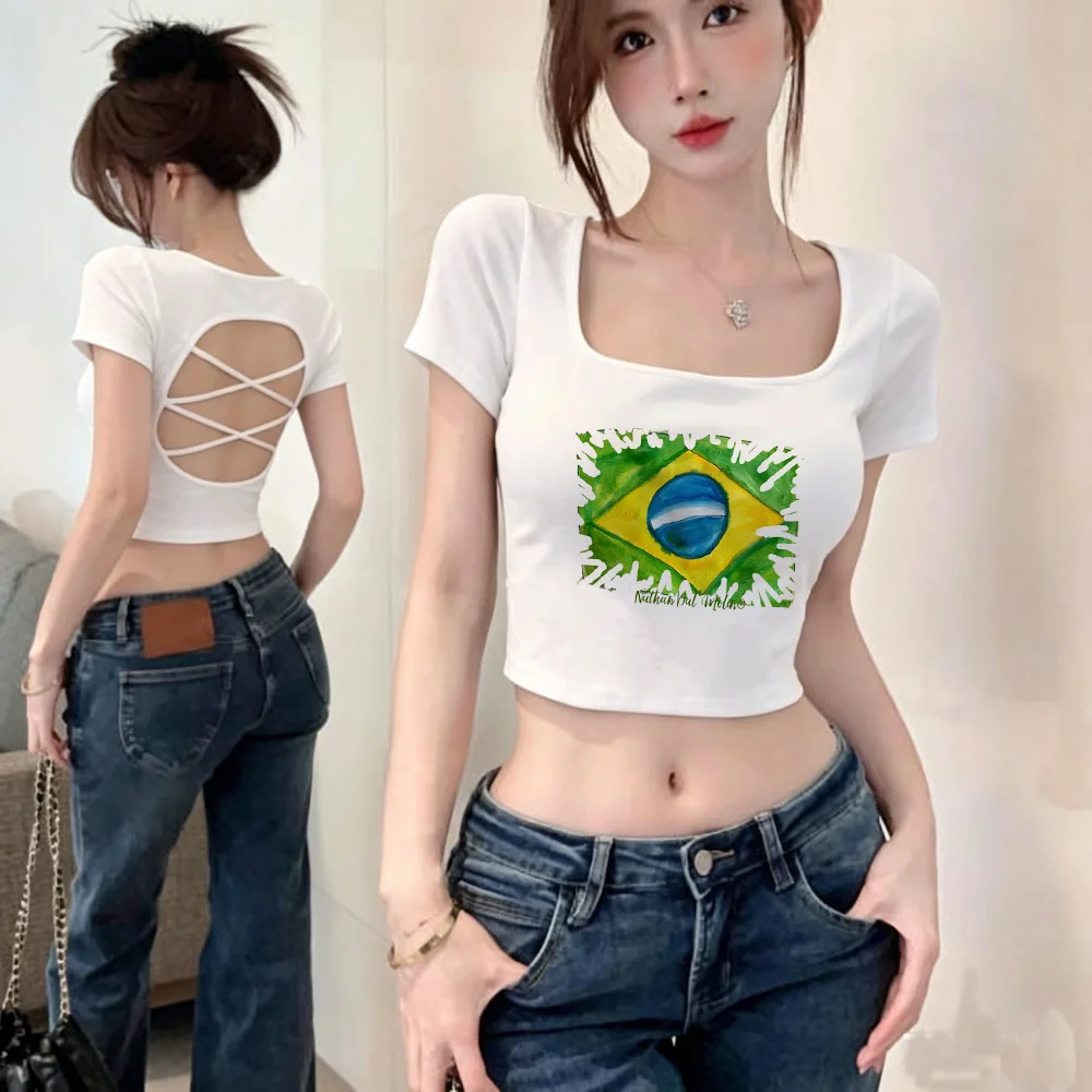 Brazil cropped top ladies harajuku cute emo graphic party top tees jojifuku party 2000s harajuku