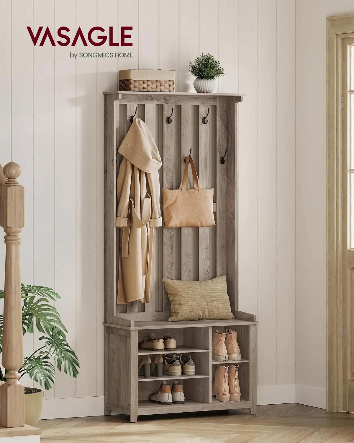 Hall Tree with Bench & Shoe Storage 7 Hooks Coat Rack Shoe Bench 13.8x31.9x70.9 Inch Entryway Bedroom Greige, Customized