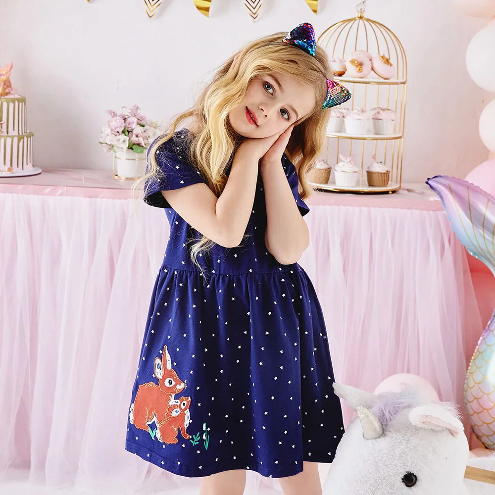 DXTON Short Sleeve Kids Dresses For Girls Squirrel Printed Toddlers Cotton Dress Moon Sequin Dot Casual Children Summer Dresses