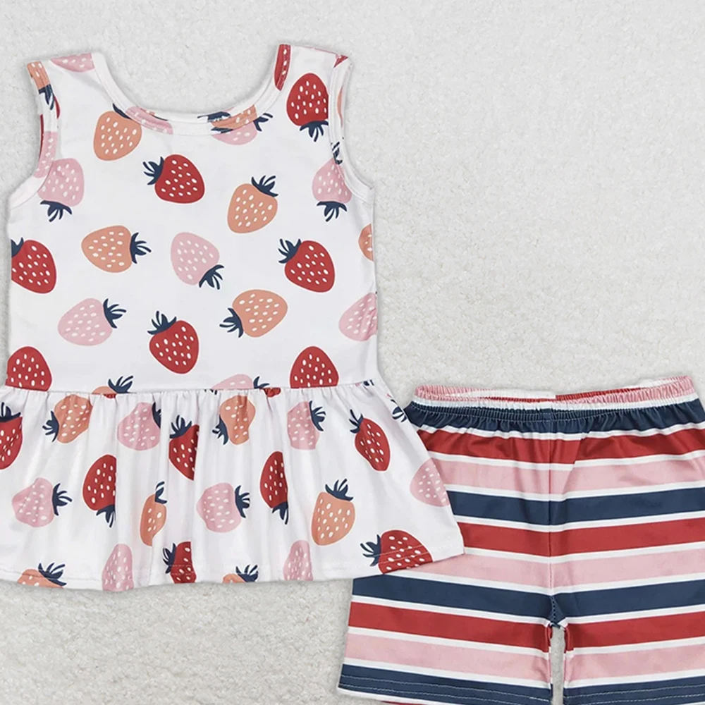Completo estivo per neonata Top tunica fragola con pantaloncini a righe peplo Set senza maniche Set di abbigliamento per bambini