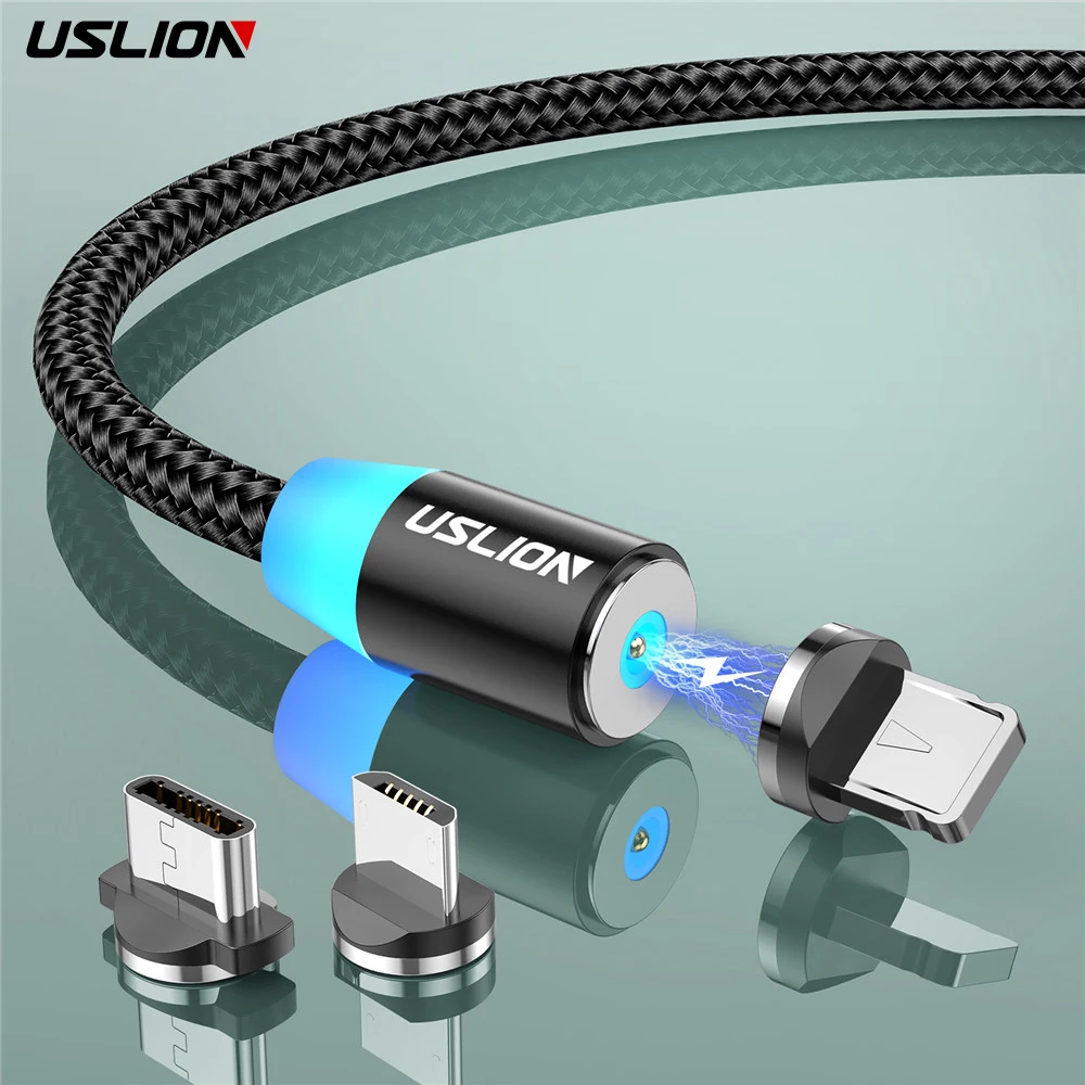 USLION Magnetic USB Cable For iPhone 14 Xiaomi Samsung Type C Cable LED Fast Charging USB Charge Micro USB Cable Cord Wire BlacK