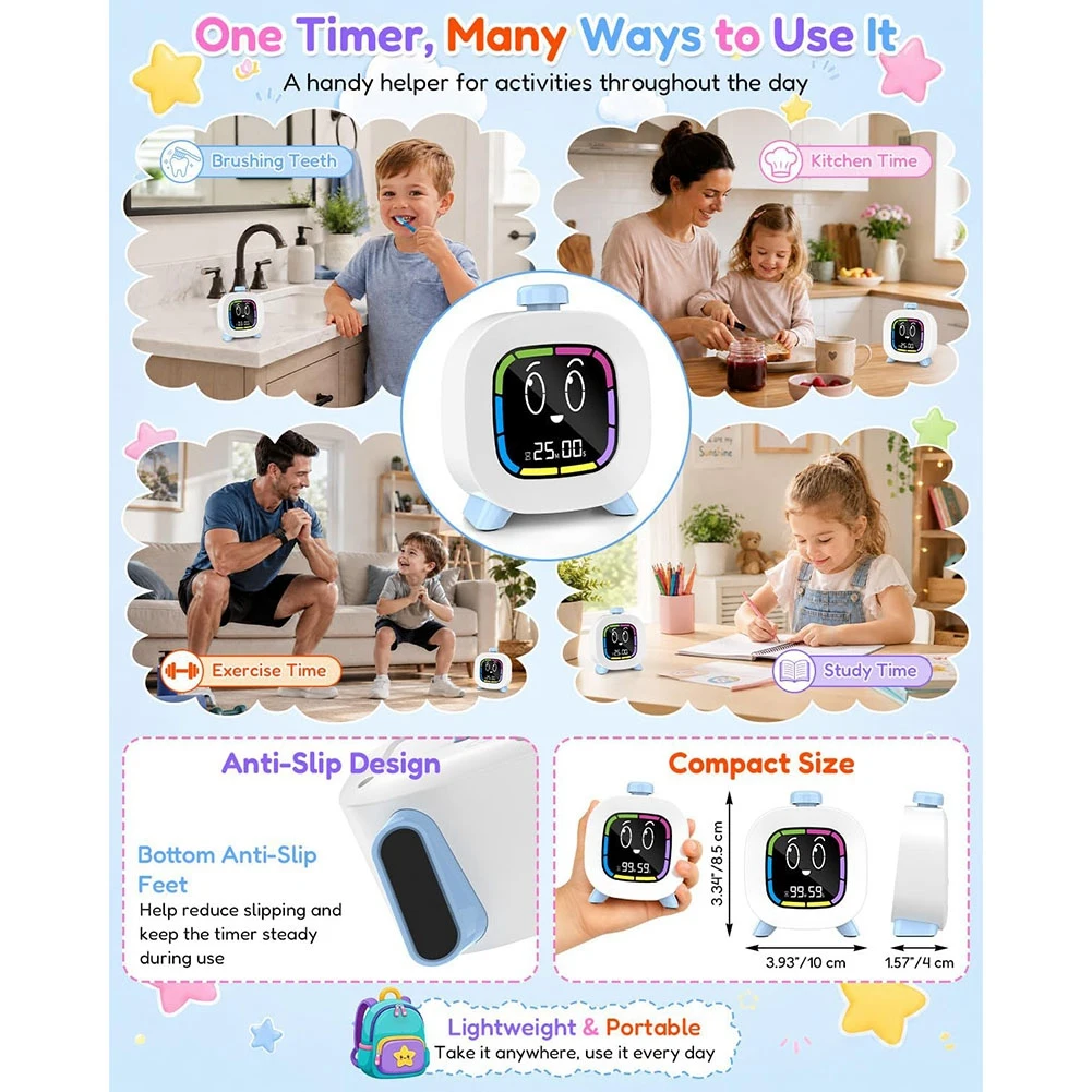 AT41 Digital Visual Timer For Kids, 4 Cute Emotion Faces, LED Backlit, Rechargeable 99-Minute Countdown, Time Management Tool