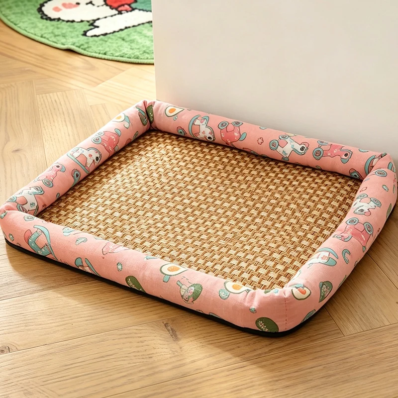 Summer Pet Cooling Rattan Mat Bed Printed Surround Edge Dog Cat Cushion Breathable Washable Sleeping Pad for Small Medium Pets