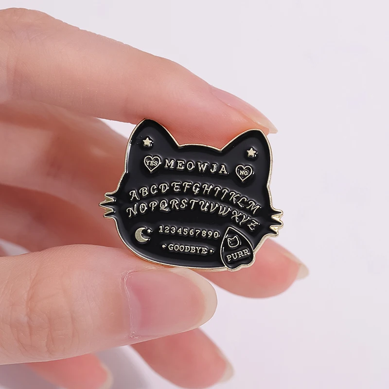 Meow OUIJA Enamel Pins Bat Cat Coffin Divination Board Punk Brooch Lapel Badges Jewelry Gift for Friends Kids