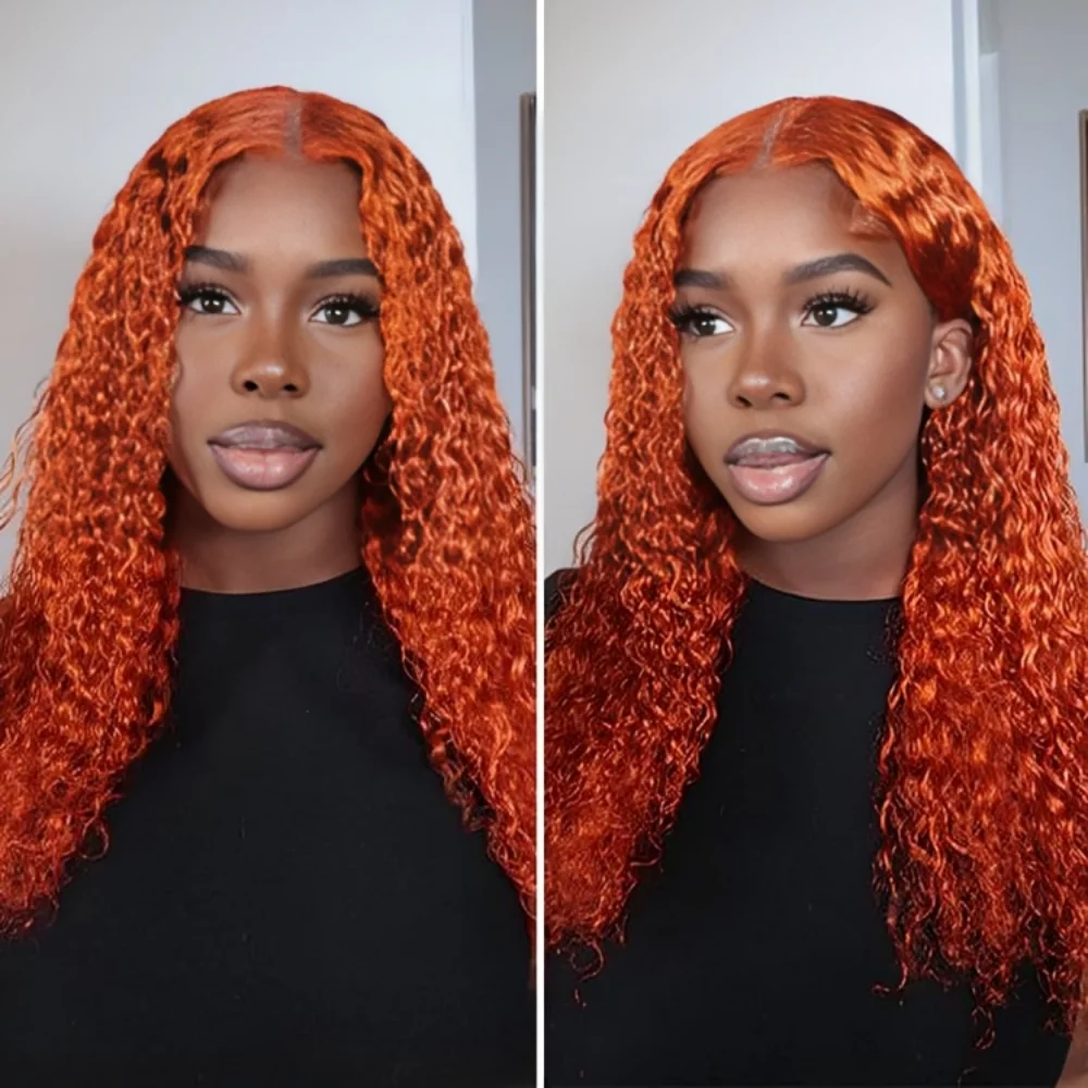 Orange Ginger 13x6 Hd Transparent Lace Frontal Wigs Water Wave Human Hair Colored Curly 30 Inch Choice For Women 100% Brazilian