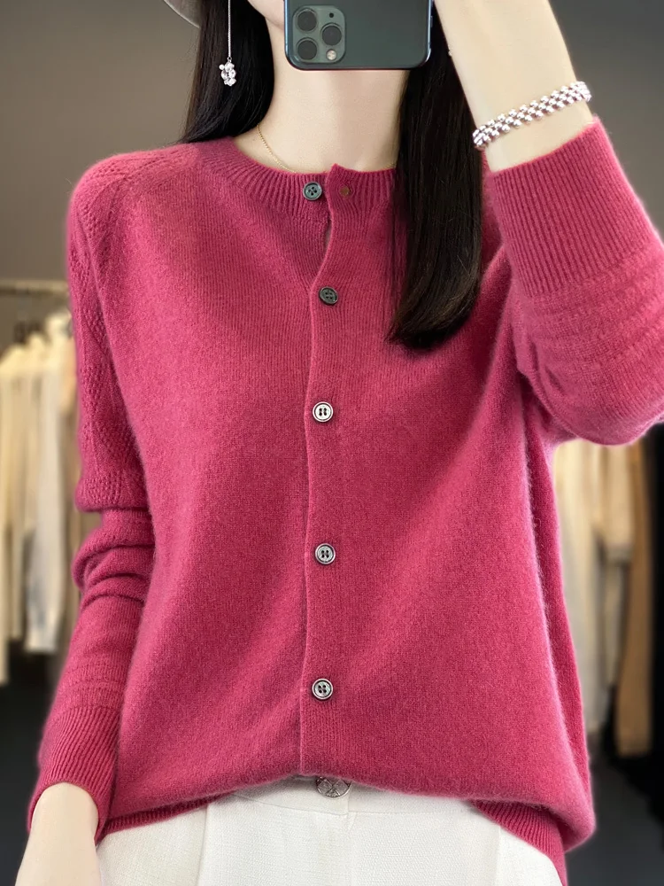 

Spring Autumn Women O-Neck Cardigans 100% Merino Wool Sweater Fashion Korean Long Sleeve Cashmere Knitwear Casual Shirt Tops