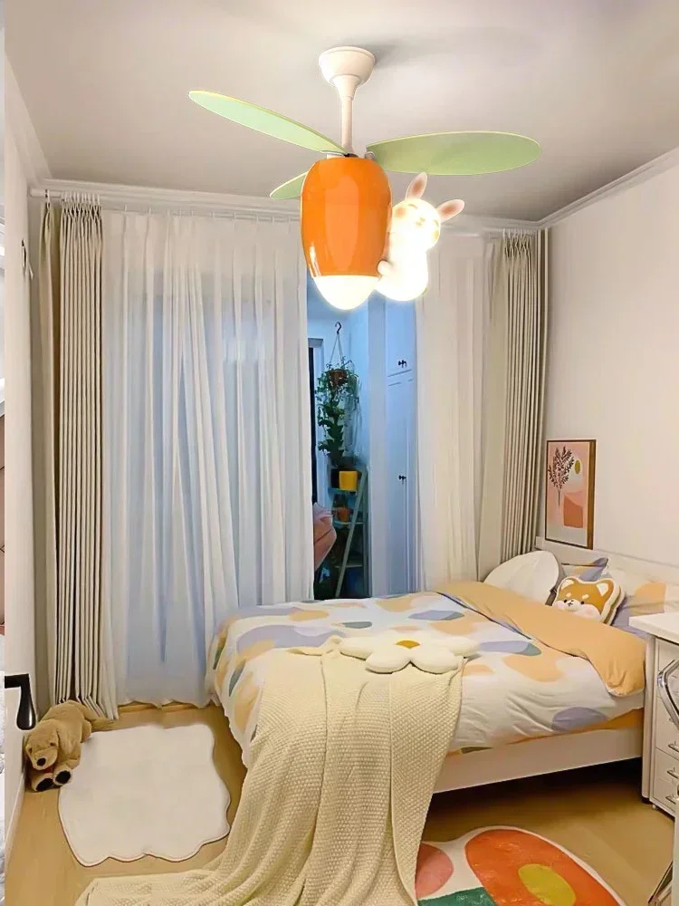 Children's room fan childlike cute rabbit Luobei ceiling fan light boys and girls no strobe eye protection silent fan chandelier