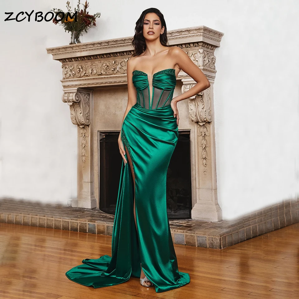 

Sexy Green Strapless Sparkly Sequined Evening Dress 2023 Satin Pleated Backless Mermaid Illusion High Side Slit Party Prom Gowns