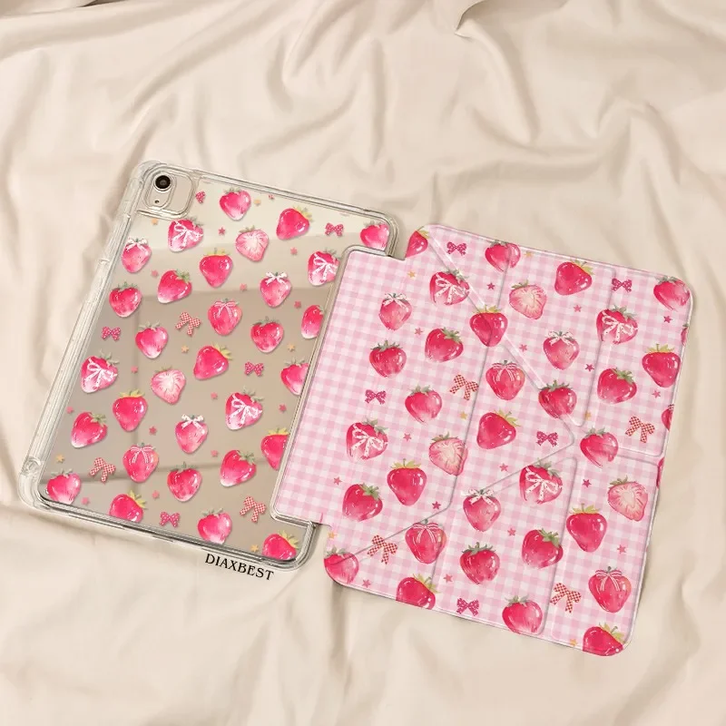Pink Strawberry Bow Korea Tablet Case For iPad Pro 11 13 M2 M4 M3 9.7 10.2 5/6th 7/8/9/10/11th Mini 6 7 Air 3 4 5 6 Stand Cover