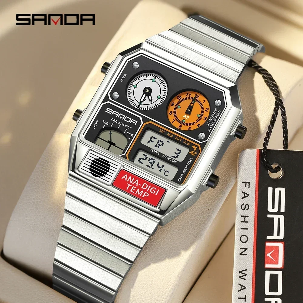Image of SANDA 2026 Bestseller LED Elektronische Quadratische Herren-Jugend-Freizeit-Multifunktions-Thermometer-Stoppuhr-Chronograph Herrenuhr 3192