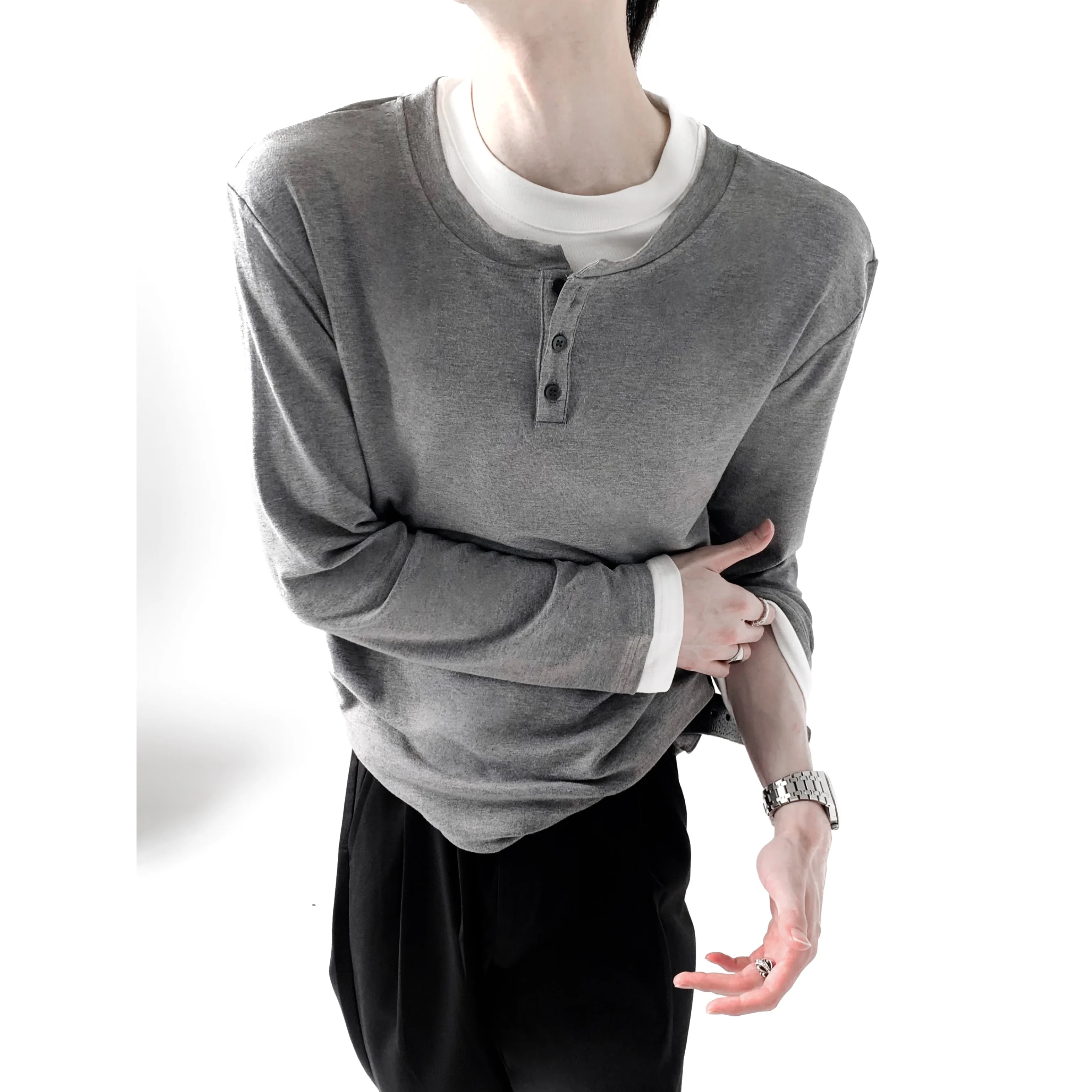 Men's 2025 Autumn New Classic High-End T-Shirts Men's Fashion Niche Design Faux Two-Piece Tops Male Long Sleeve Round Neck Tees
