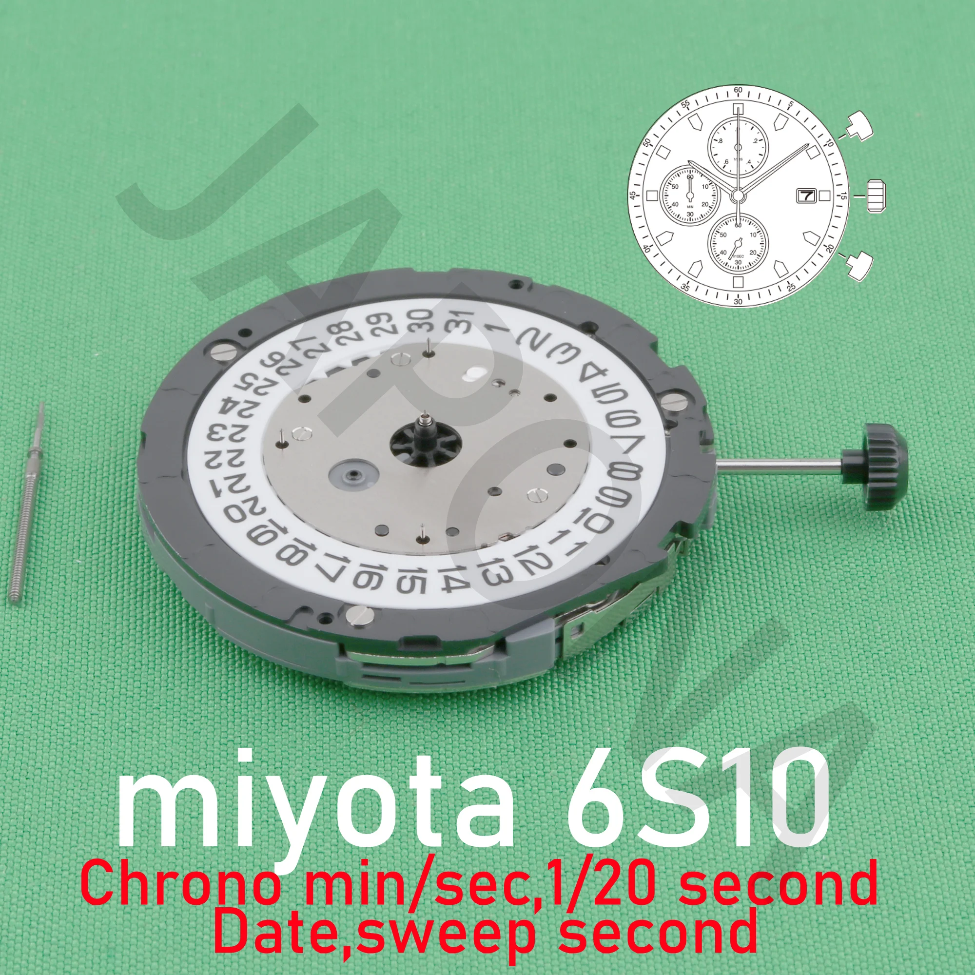 6S10 movement japan miyota 6s10 movement sweep second Chrono min/sec, 1/20 second Date samll hands 6/9/12 6s1O