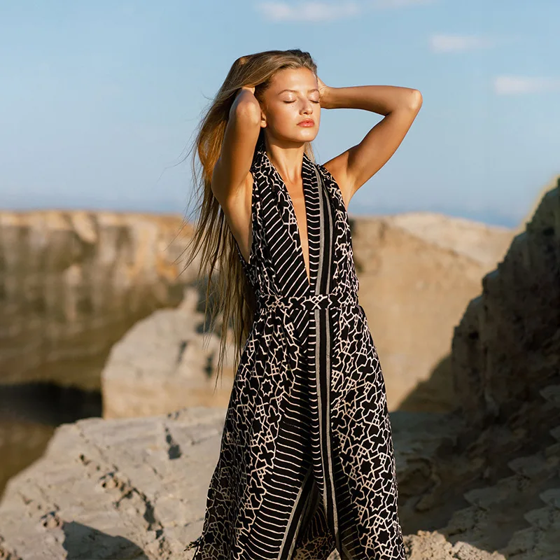 

Summer Beach Cover Ups Vintage Snake Printed Belted Kimono Swimwear Long Cardigan Casual Beachwear Outfits Swimsuit Covers Robe