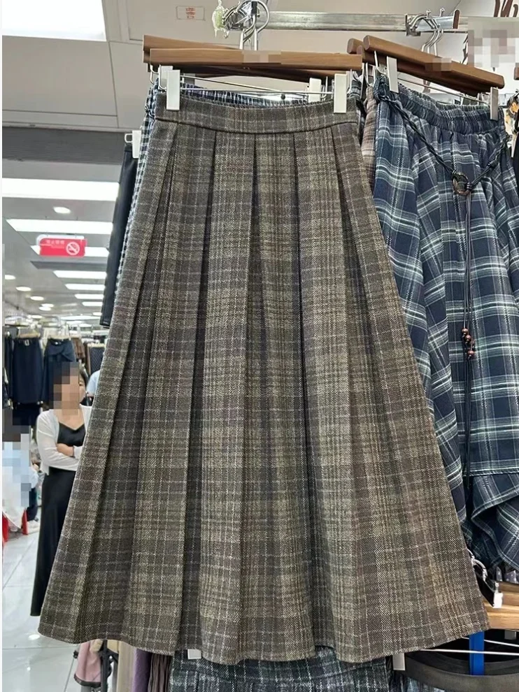 High Waist Plaid Woolen Midi Skirt Women's A-Line Half-length Bicolor Vintage Style Casual High Waist Pleated Skirt