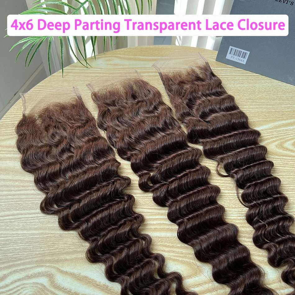 4x6 Inch Transparent Lace Closure Deep Wave Human Hair #4 Brown Color Melt Skin Bleached Knots Invisible Lace Raw Hair For Women