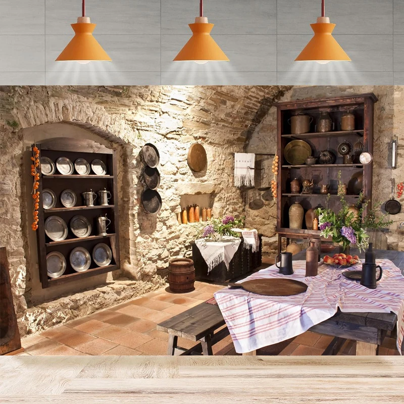 Photography Background Ancient Stone Wall Castle Old Kitchen Interior Cooking Utensils Dining Table Party Backdrop Wall Banner