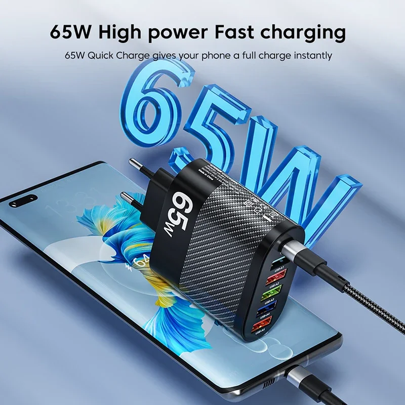 65 واط متعدد المنافذ 5USB + 1 Type-c الهاتف محول الشحن السريع الولايات المتحدة المملكة المتحدة الاتحاد الأوروبي قابس طاقة محول السفر الجدار شاحن
