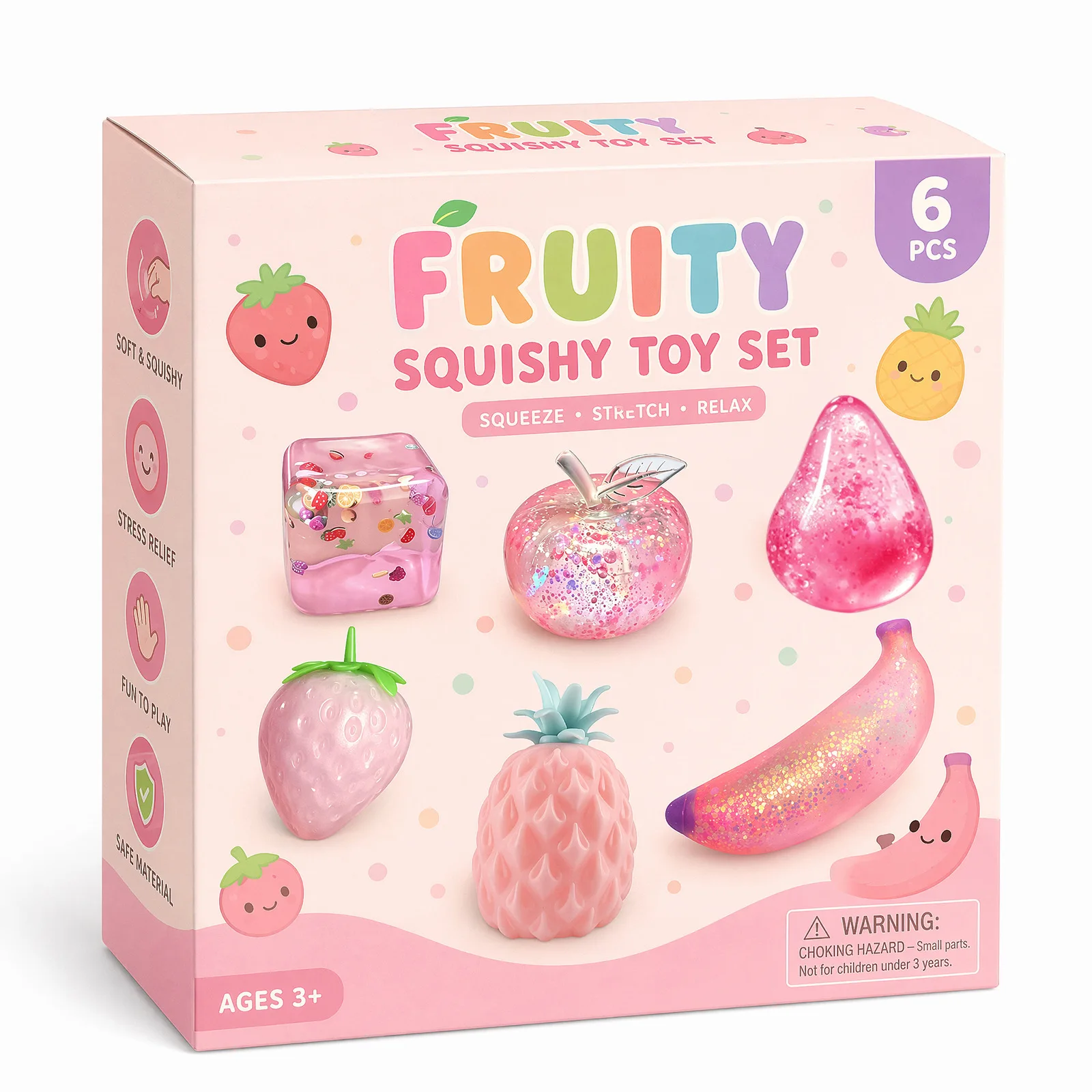 6Pcs Pink Fruit Squishies Soft Squeeze Fidget Toys Strawberry Banana Pineapple Stress Relief for Kids Girls Party Favors Gifts