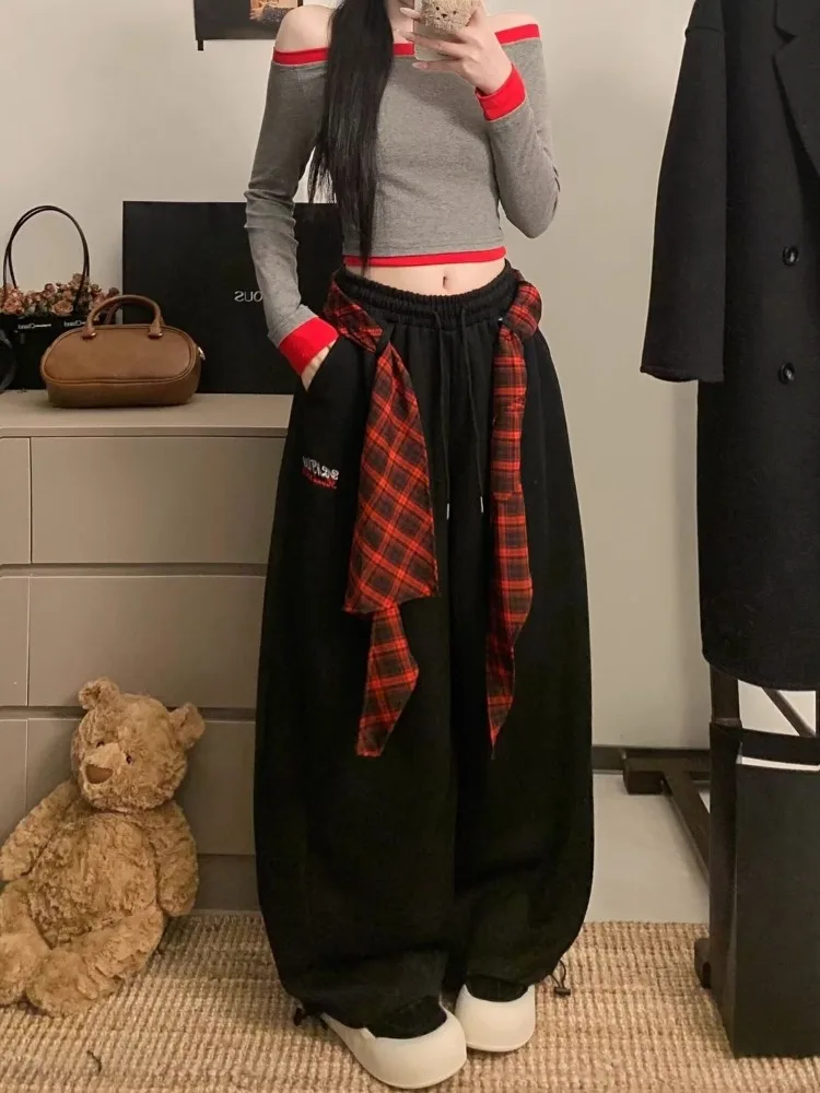 Women's Checkered Fabric Vintage Hip-hop Sweatpants Girl Summer Unisex Pants Wide Leg Bottoms Female High Waisted Baggy Trousers