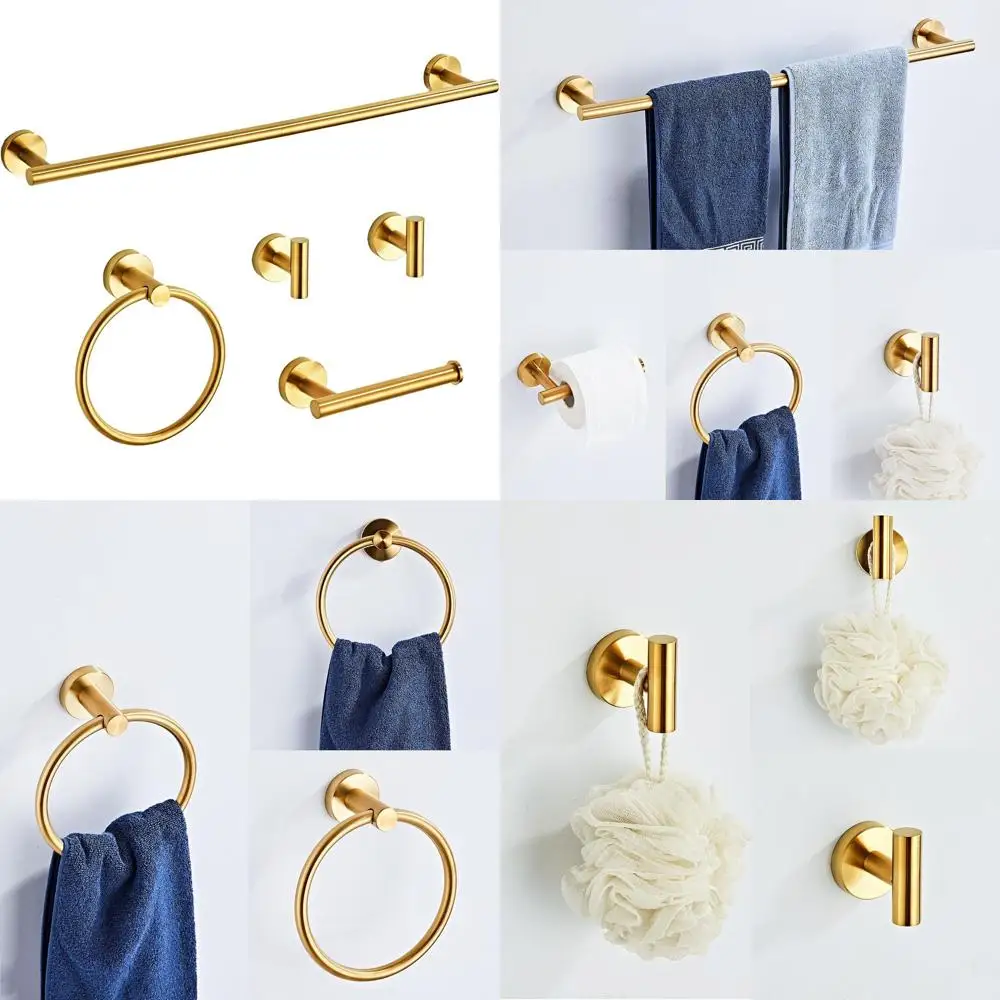 

5-Piece Brushed Gold Bathroom Hardware Set with Towel Racks, 24 Wall-Mounted Stainless Steel Towel Bar Accessories