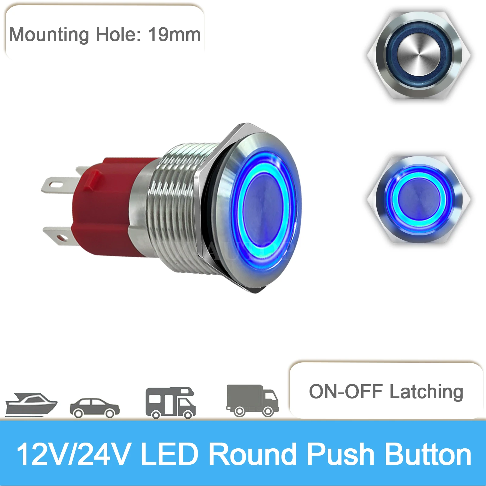Stainless Steel Button Switch 19mm Power Button Round Button Blue Ring LED Light 12V 24V Waterproof Self Locking Push Switch