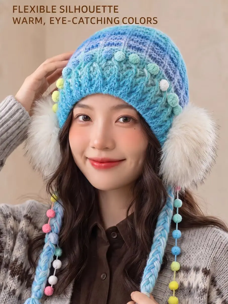 Colorful Warm Hat Pom-Poms Braids Tassels Soft Casual Cute Hat Gradient Color Ear Flaps Knitted Hat Women·