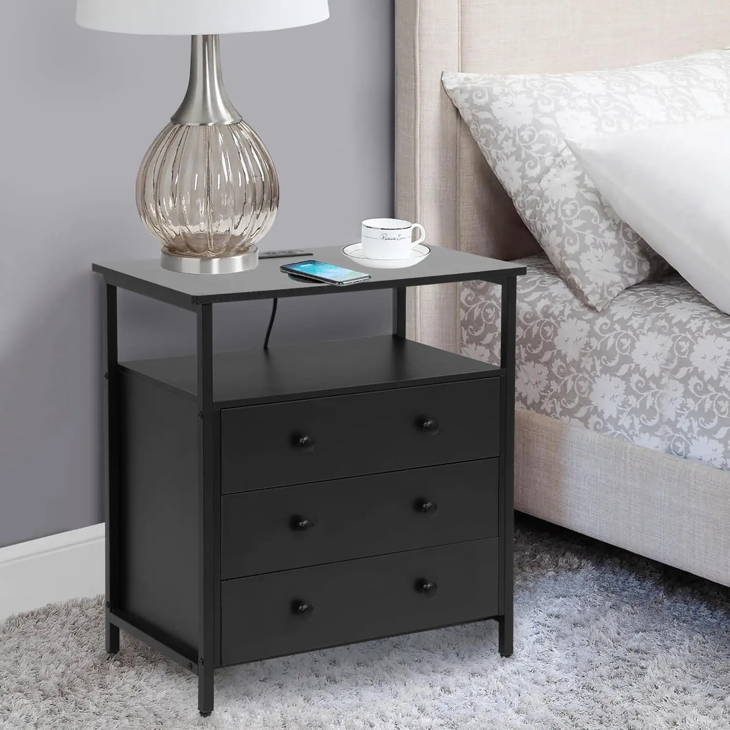 Night Stand, 27 Inch Wide Nightstand with Charging Station and Adjustable Drawers, Bedside Table for Living Room/Bedroom/Office,