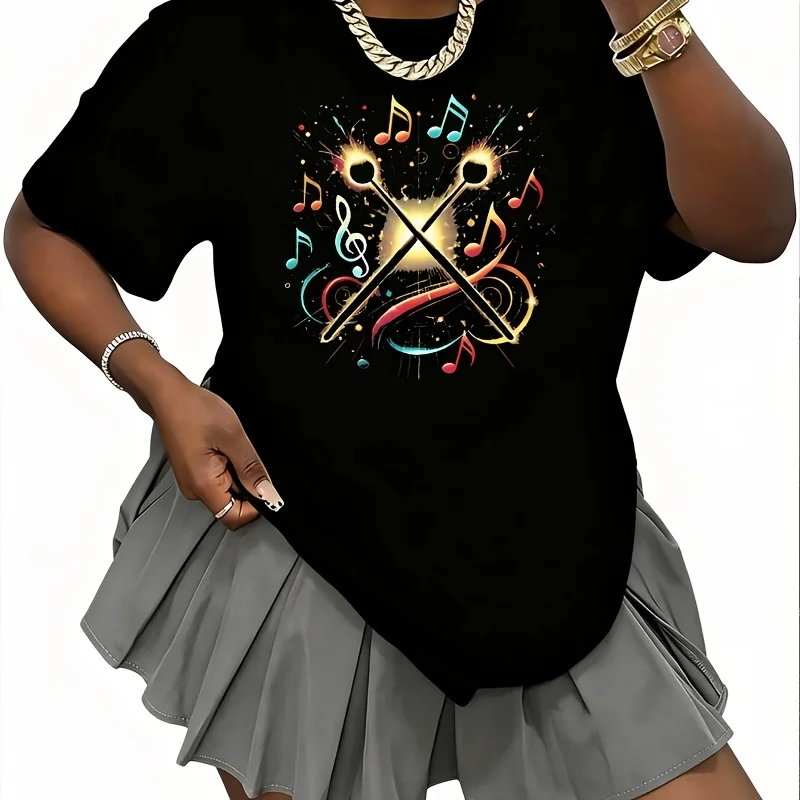 Music Notes Drum Stick Softstyle Women's 100% Cotton T-Shirt Short Sleeve Top Casual Round Neck Fun Print Tee S-5Xl