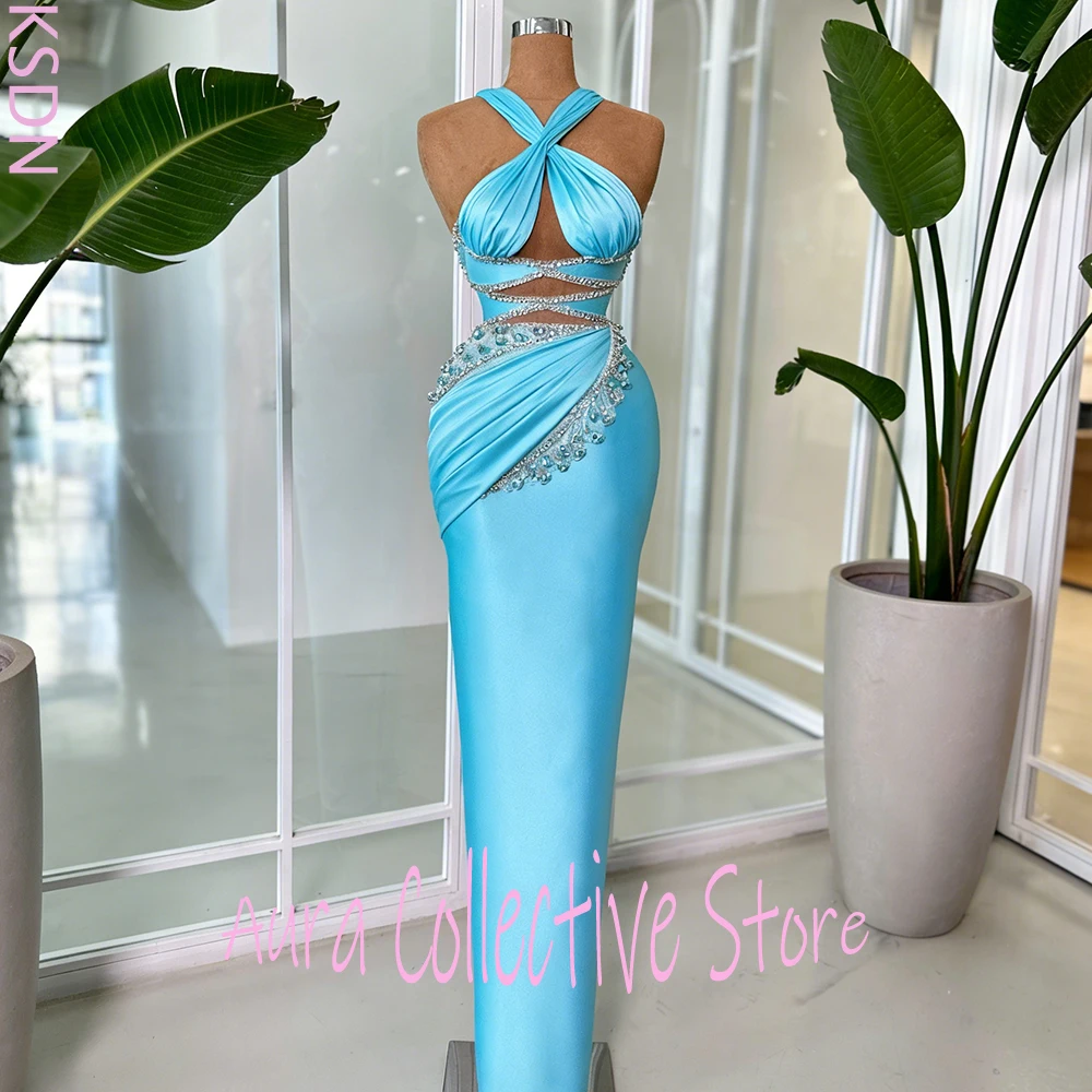 Vestidos de Fiesta de Satén Azul Cielo para Mujer, Corte Sirena con Cintura Recortada y Adorno de Pedrería, para Invitadas de Boda, Eventos Formales y Fiestas Nocturnas