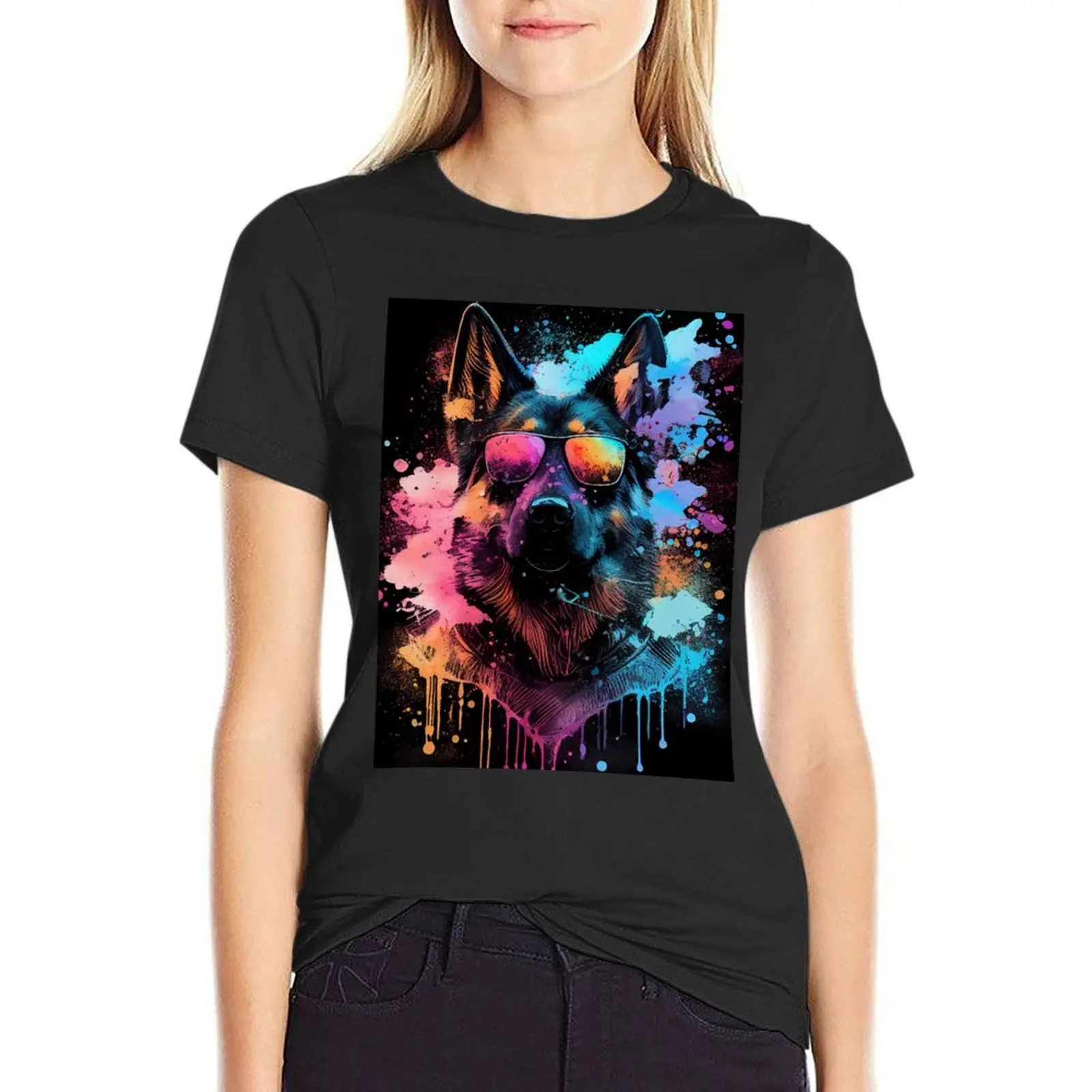 Shepherd Artwork in 80s Retrowave, Synthwave Style, Bunter Hund T-Shirt aesthetic clothes t-shirts for Women graphic tees funny