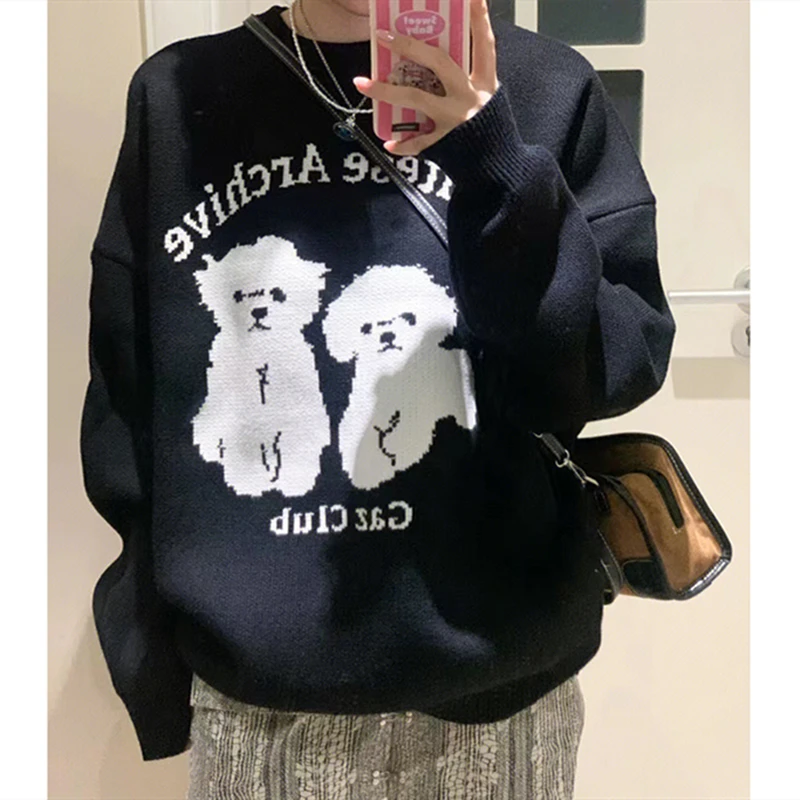 High Street Cute Running Dog Cartoon Jacquard Sweater Winter Knitted Pullover Oversized Streetwear Korean Fashion Kawaii Clothes