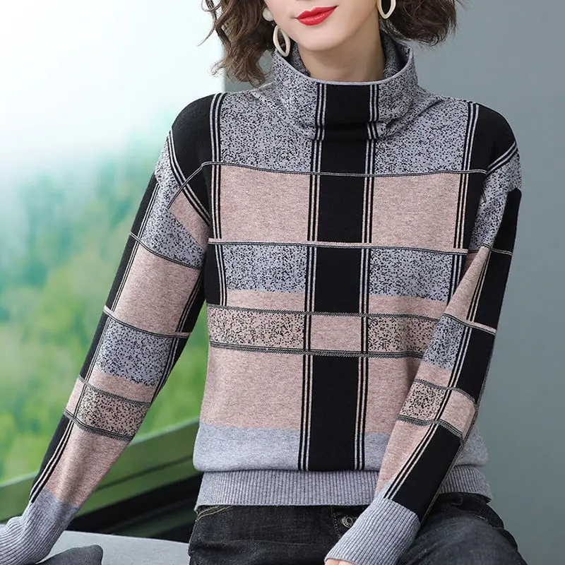 Fashion Simplicity Plaid Turtleneck Sweaters for Female Autumn Winter Commute Casual Long Sleeve Knitted Tops Women\'s Clothing